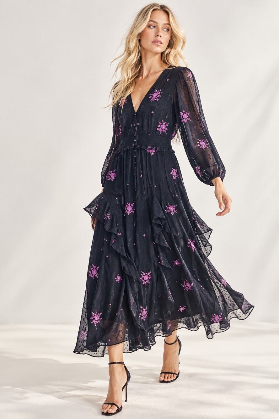 ASOS Embroidered Shirred Waist Tea Dress Charcoal Purple Midi Sz 10 Whimsigoth